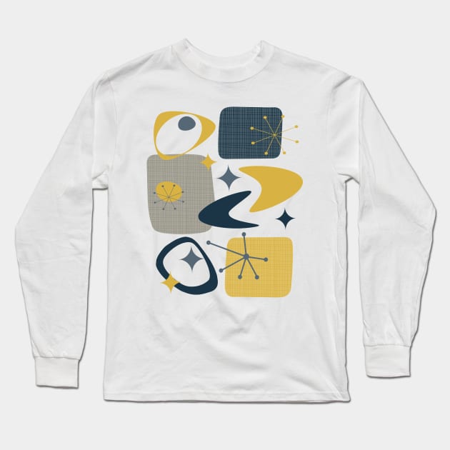 Atomic Age Mid Century 15 in Navy, Yellow and Grey Long Sleeve T-Shirt by tramasdesign